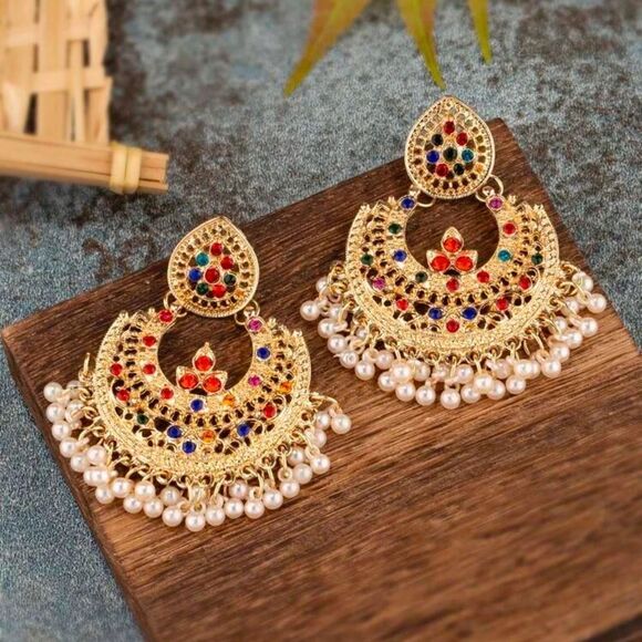Elegant Gold and Gemstones , Pearls, Multicolor 
Tassel Drop Earrings - Picture 1 of 6